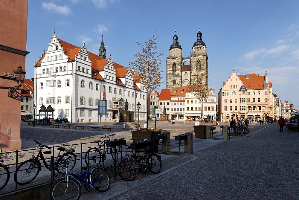 Market square with city hall and parish church St. Mary, Lutherstadt Wittenberg, Saxony-Anhalt, Germany