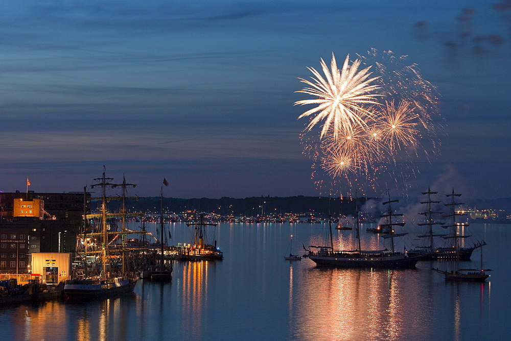 Fireworks and sailing ships at the Kieler Woche festival, View from the cruiseship MS Deutschland, Kiel, Schleswig-Holstein, Germany