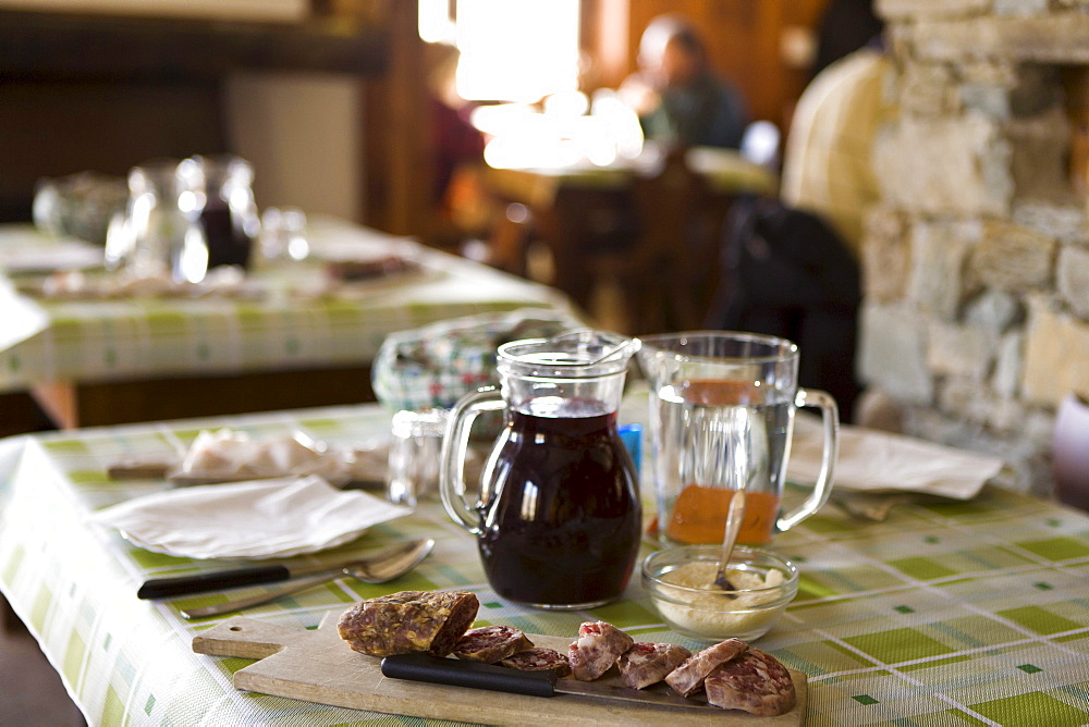 Lunch with salami and wine, Rifugio Agrituristico Salvin, Monastero di Lanzo, Piedmont, Italy