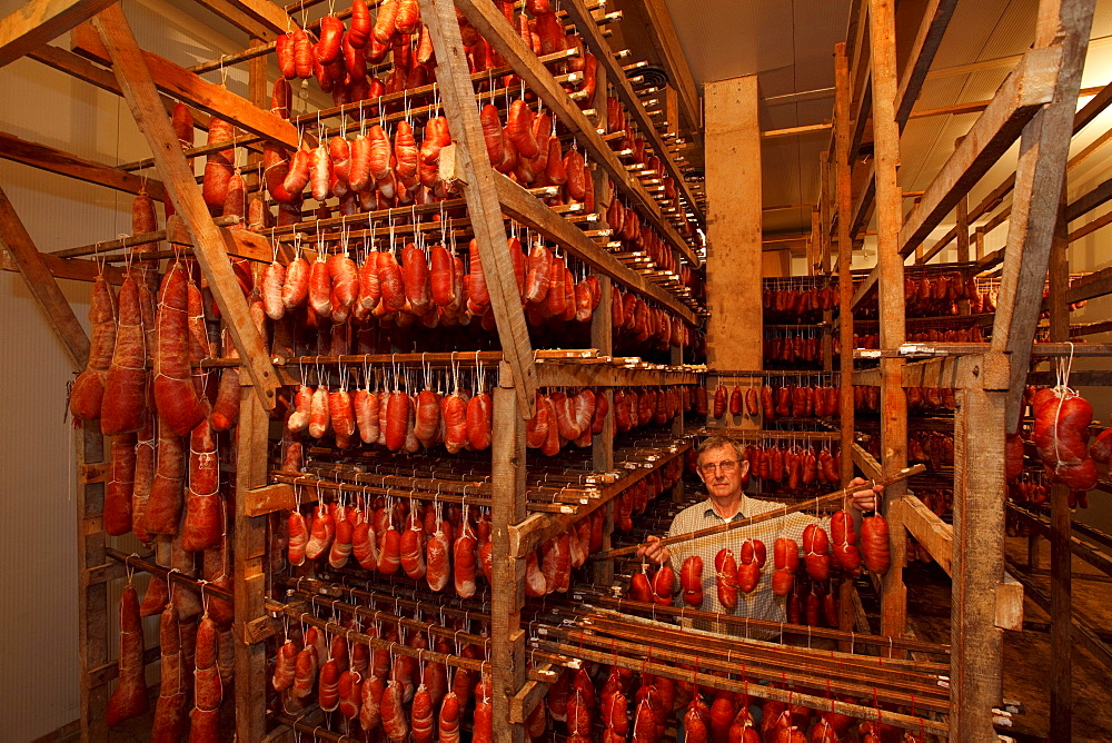 Sobrasada sausage manufacturing La Luna, Embotits Aguilo, since 1900, Soller, town, Serra de Tramuntana, Tramuntana mountains, Mallorca, Balearic Islands, Spain, Europe