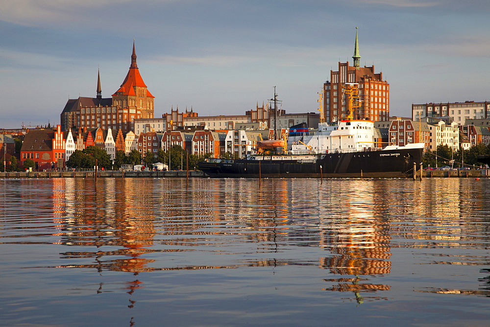 View over Warnow river to the Old Town and St Mary¥s church, Rostock, Baltic Sea, Mecklenburg Western-Pomerania, Germany, Europe