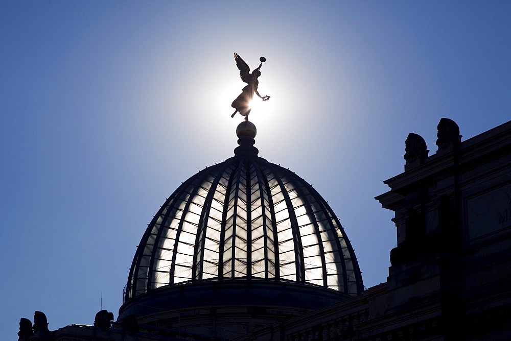 Goddess on the lemon squeezer, glass dome of the University of visual arts with glass dome, Dresden, Saxonia, Germany, Europe