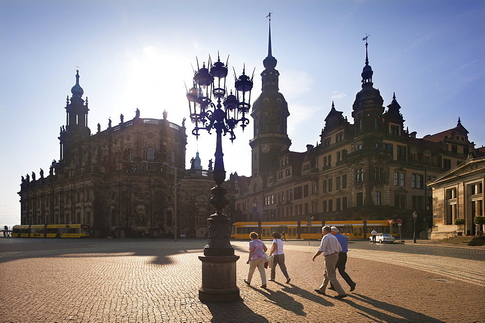 People at the Theaterplatz, Hofkirche and Dresden castle, Dresden, Saxonia, Germany, Europe