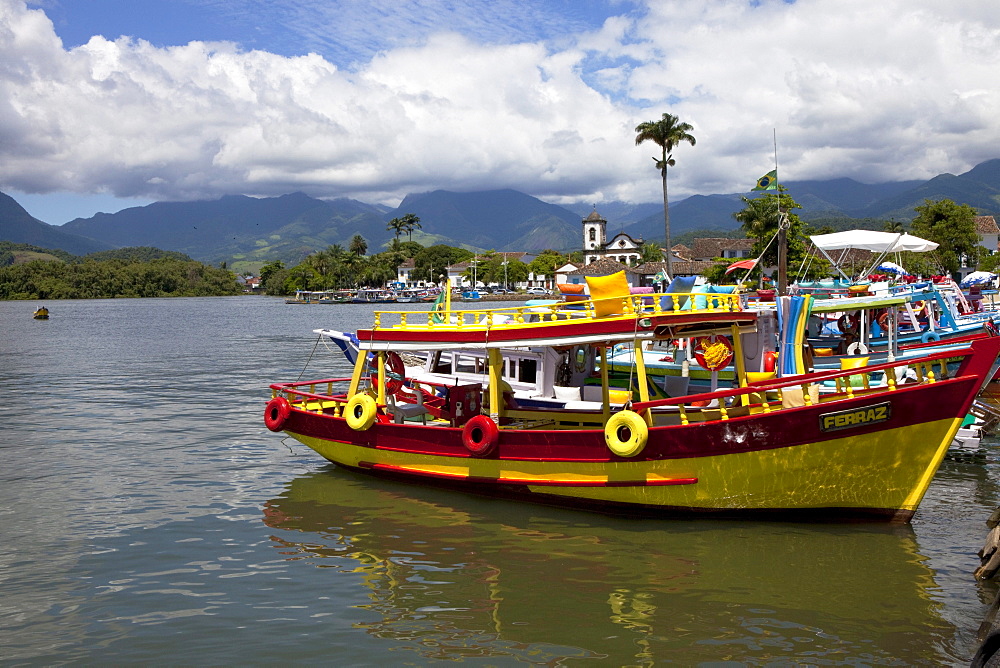 Boats at harbour of the colonial town Paraty, Costa Verde, State of Rio de Janeiro, Brazil, South America, America