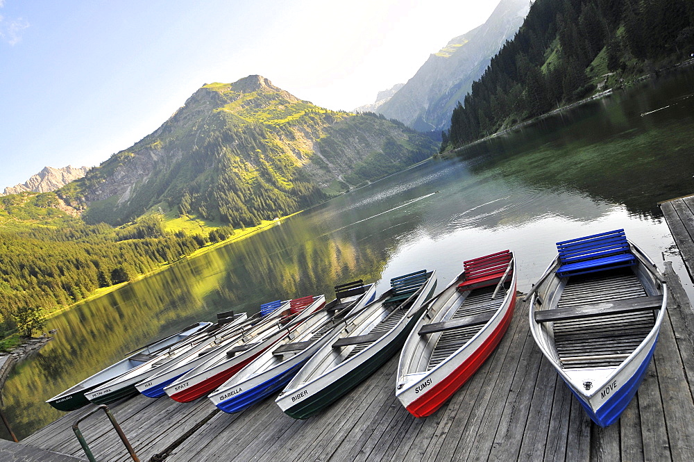 Boats at lake Vilsalp in the Tannheim valley, Ausserfern, Tyrol, Austria, Europe