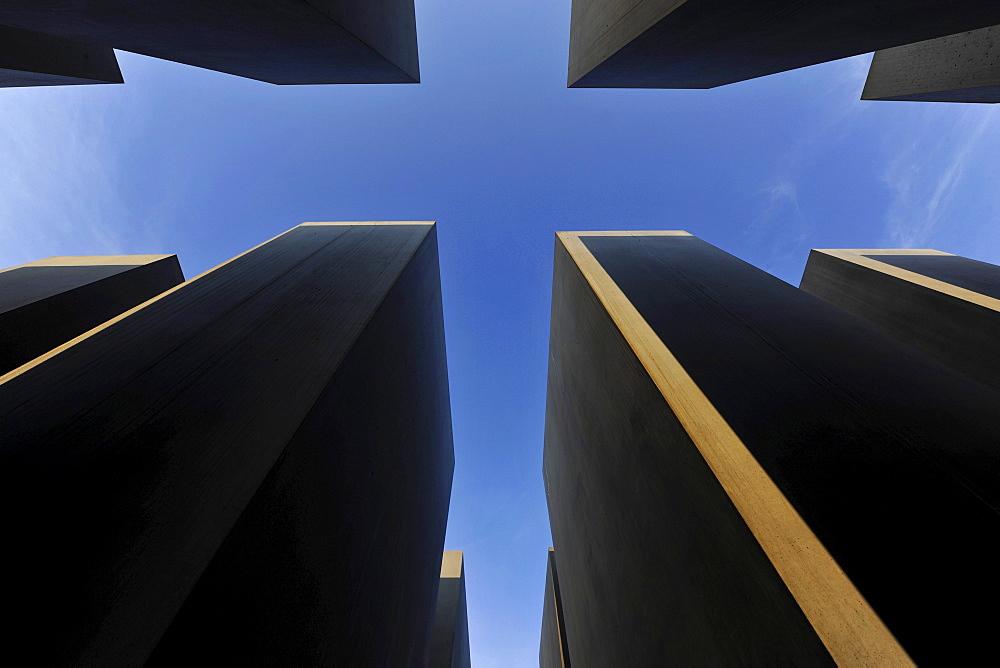 Low angle view of stelae of the Holocaus Memorial, Mitte, Berlin, Germany, Europe