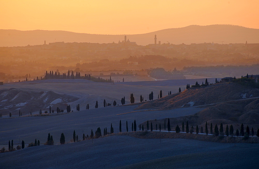 Crete at sunrise, view of Siena, Tuscany, Italy, Europe