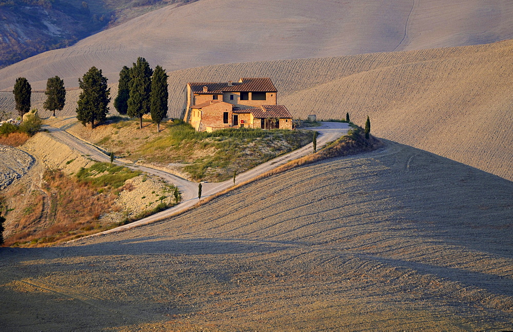 Homestead in hilly landscape, Crete, Tuscany, Italy, Europe