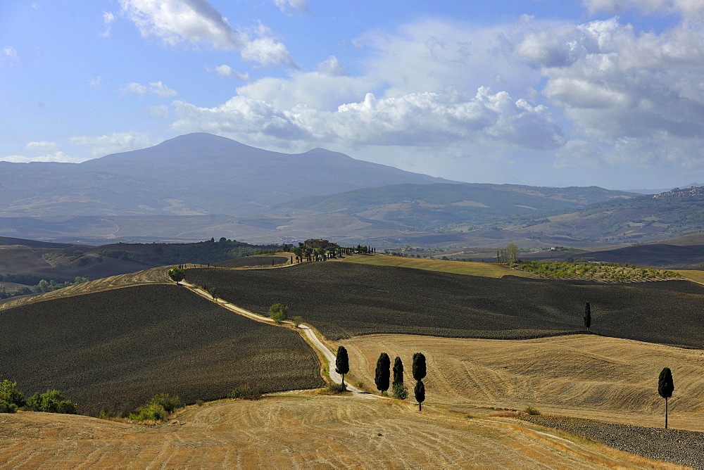 Hilly landscape under clouded sky, Crete, Tuscany, Italy, Europe