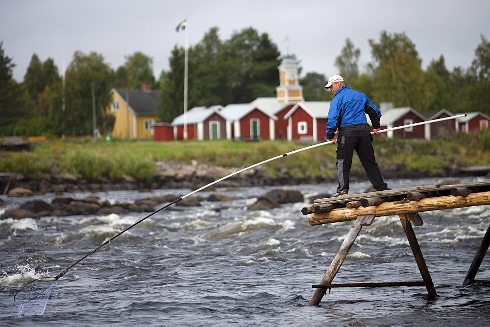 Salmon fisherman on River Tornionjoki along border of Finland and Sweden, near Kemi, Lapland, Finland