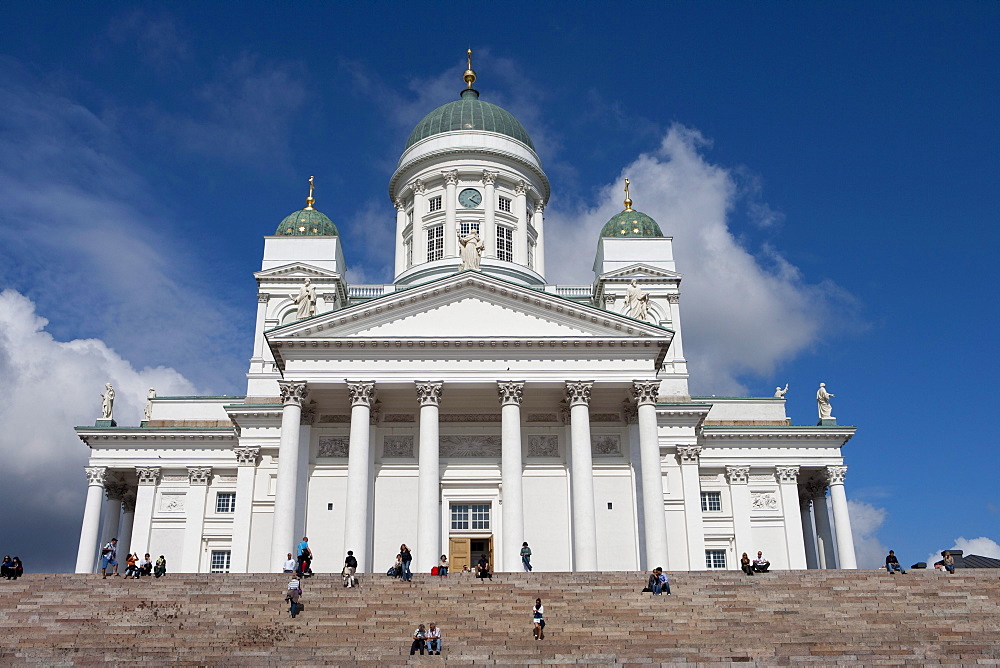 People on steps in front of Helsinki Cathedral, Helsinki, Southern Finland, Finland