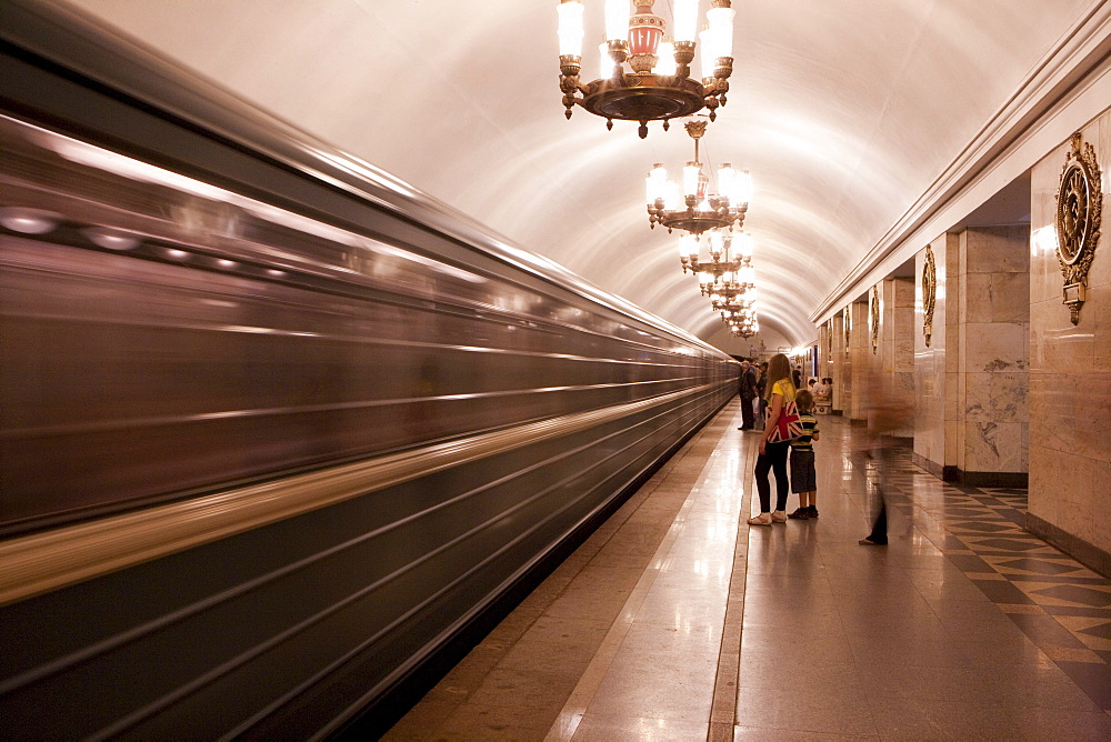 Train arrives at Metro underground rail station, St. Petersburg, Russia