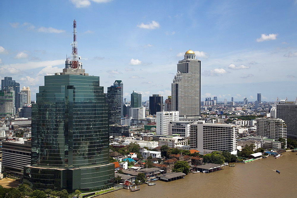 Overhead of River Chao Phraya and city from Millennium Hilton Hotel, Bangkok, Thailand