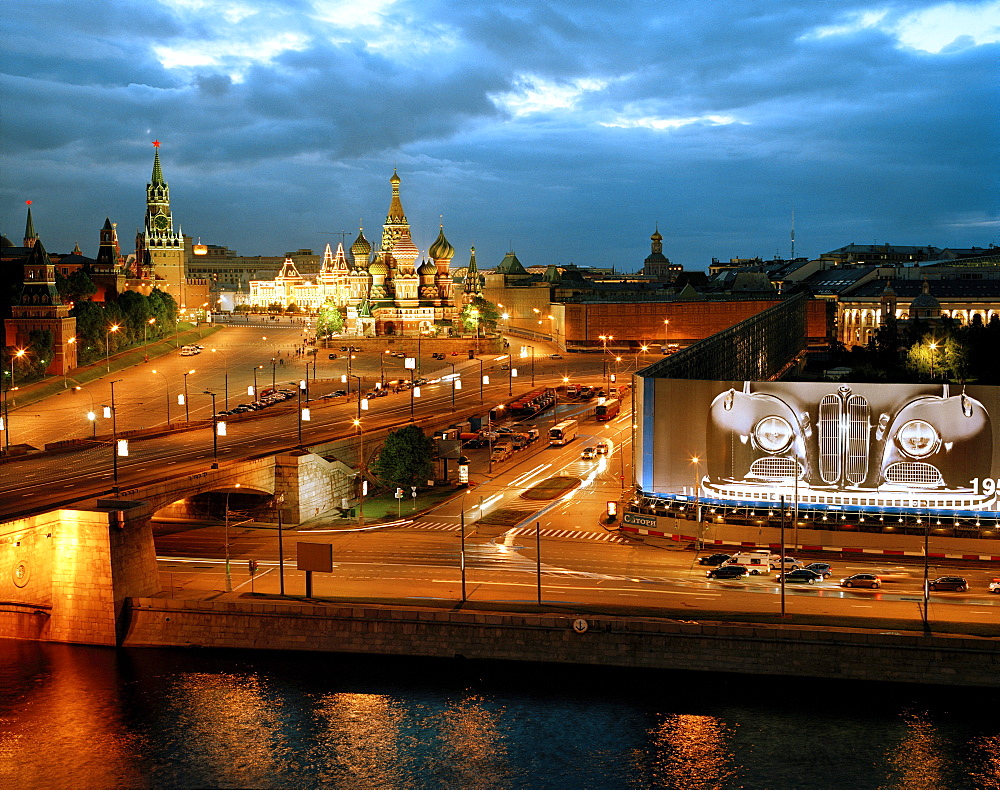 View from Kempinski Hotel over Moskva to St. Basil's Cathedral, Red Square and Kremlin, on the right BMW billboards, Moscow, Russia, Europe