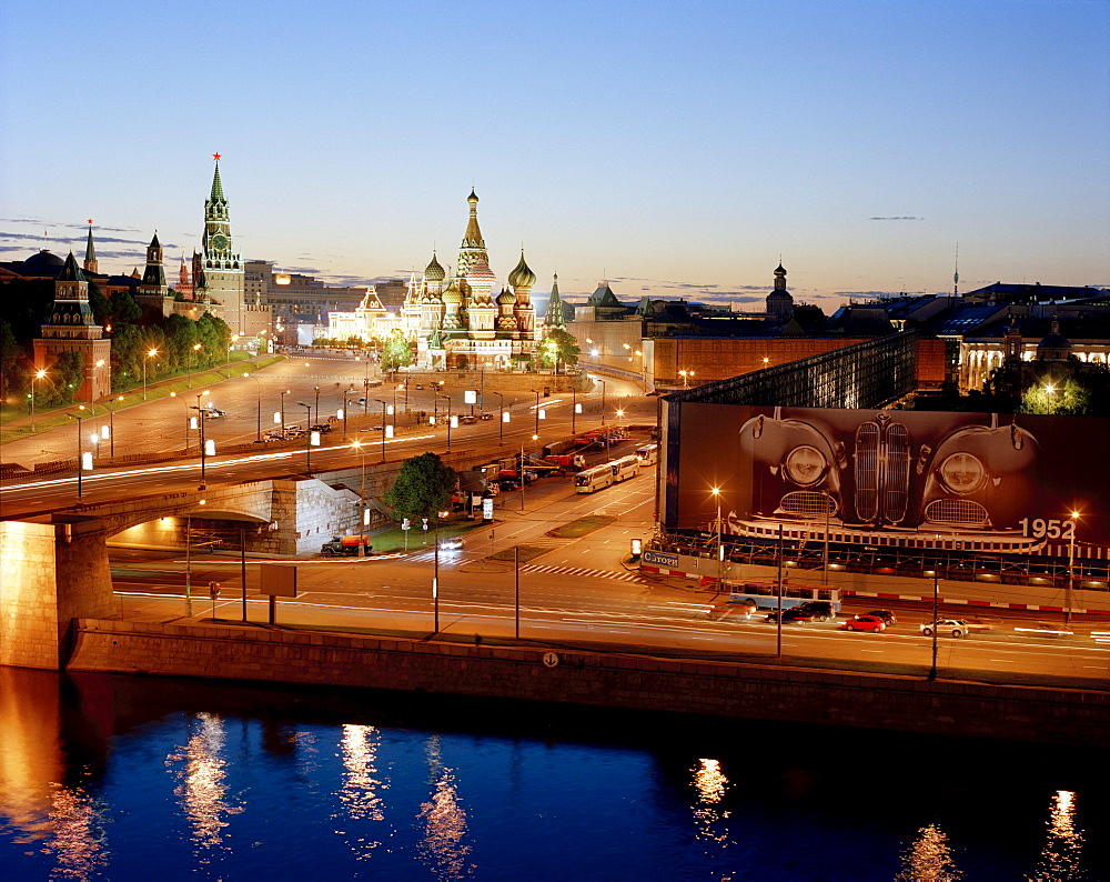 View from Kempinski Hotel over Moskva to St. Basil's Cathedral, Red Square and Kremlin, on the right BMW billboards, Moscow, Russia, Europe