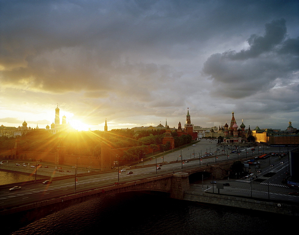 View from Kempinski Hotel over Moskva to St. Basil's Cathedral at sunset, Red Square and Kremlin, Moscow, Russia, Europe