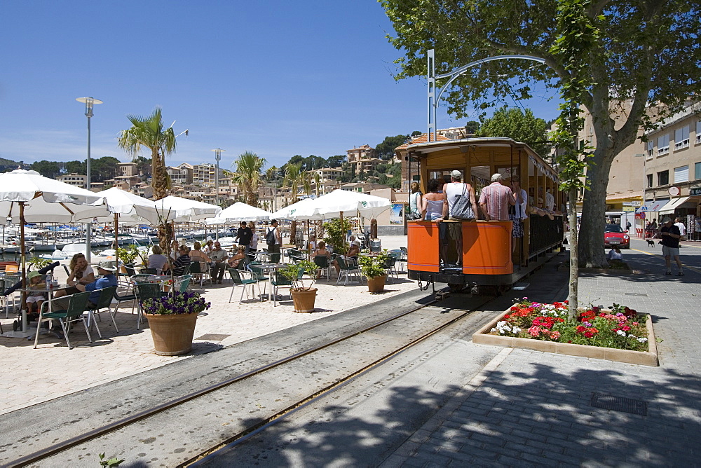 Outdoor Cafe Seating and Soller Tram, Mallorca, Balearic Islands, Spain