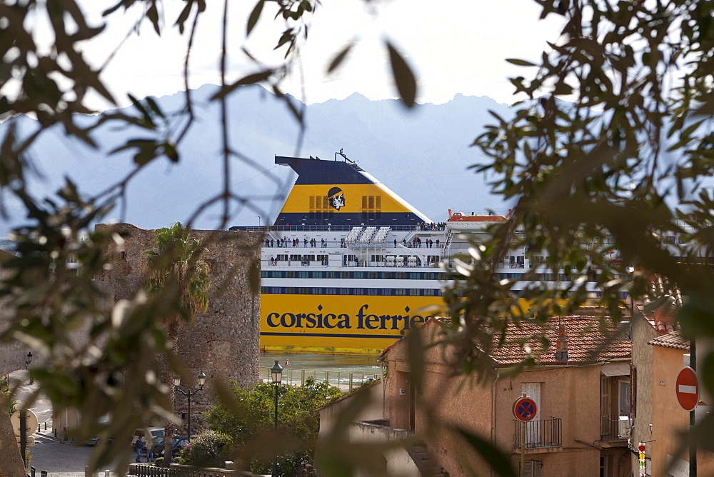 Ferry docks in the harbor of Calvi, Corsica, France