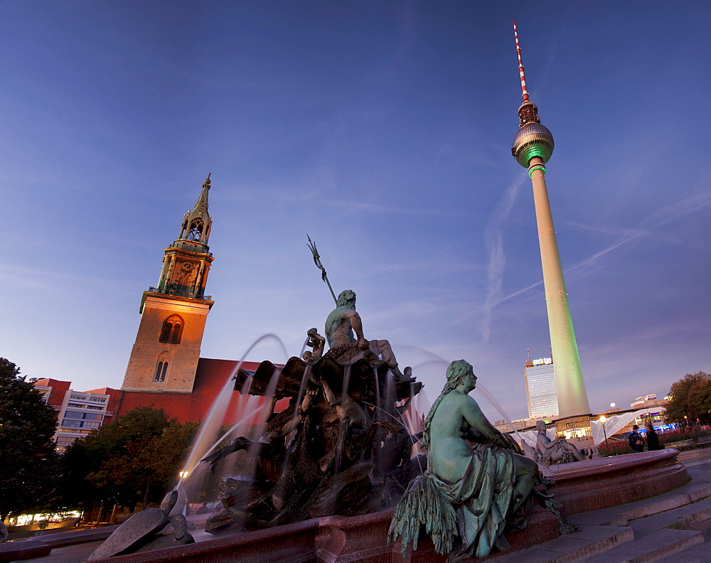 Neptune Fountain, St Marys Church, Television Tower, Alexander Square, Berlin Mitte, Berlin, Germany