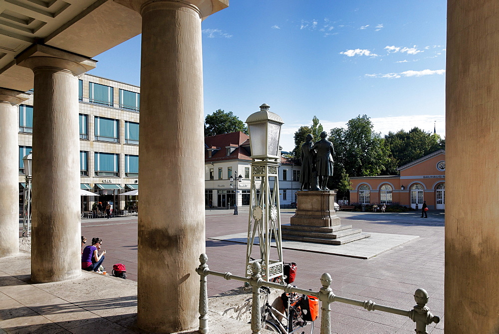 Deutsche Nationaltheater and Staatskapelle Weimar, Goethe and Schiller Monument, Theaterplatz, Bauhaus Museum, Thuringia, Germany