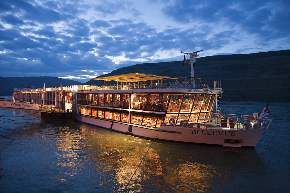 Rhine river cruise ship MS Bellevue, TC Bellevue, TransOcean Kreuzfahrten, at pier at dusk, Bingen, Rhineland-Palatinate, Germany