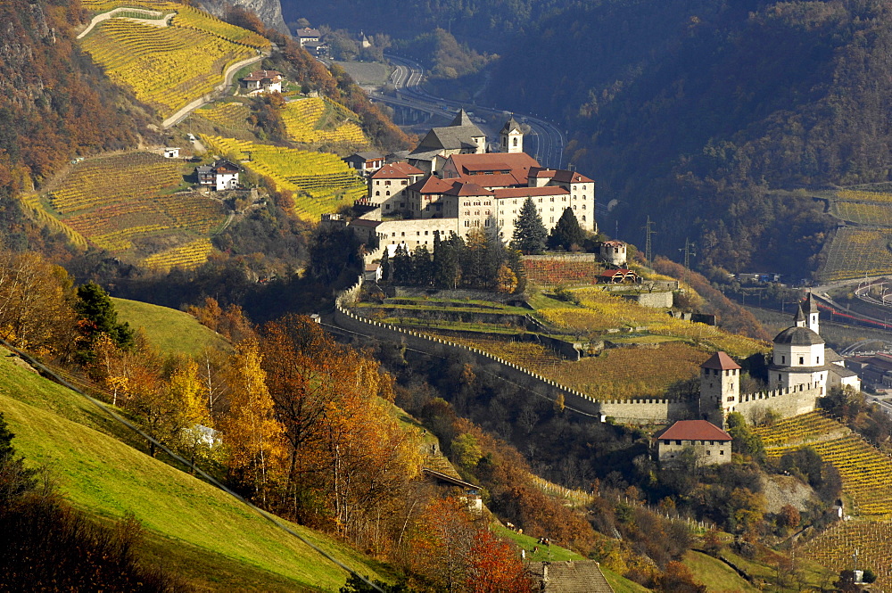 View of Saeben monastery in autumn, Chiusa, Valle Isarco, South Tyrol, Italy, Europe