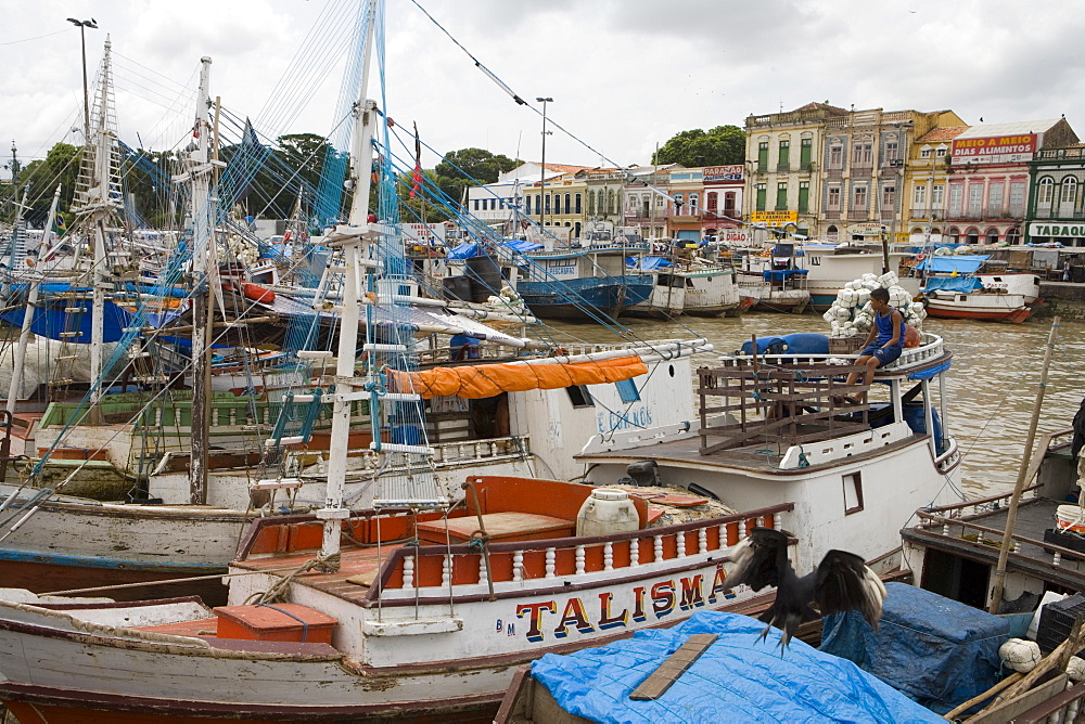 Fishing Boats in the harbour outside Mercado Ver O Peso Market, Belem, Para, Brazil, South America