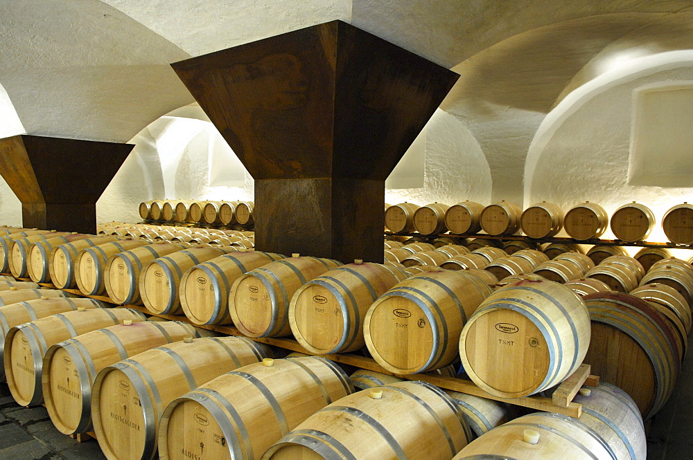 Barrels at a winery, Ansitz Loewengang, Margreid an der Weinstrasse, South Tyrol, Italy, Europe