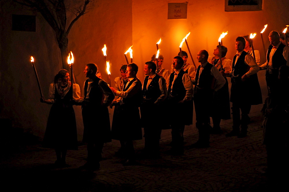 Torch procession at Easter at night, Alto Adige, South Tyrol, Italy, Europe