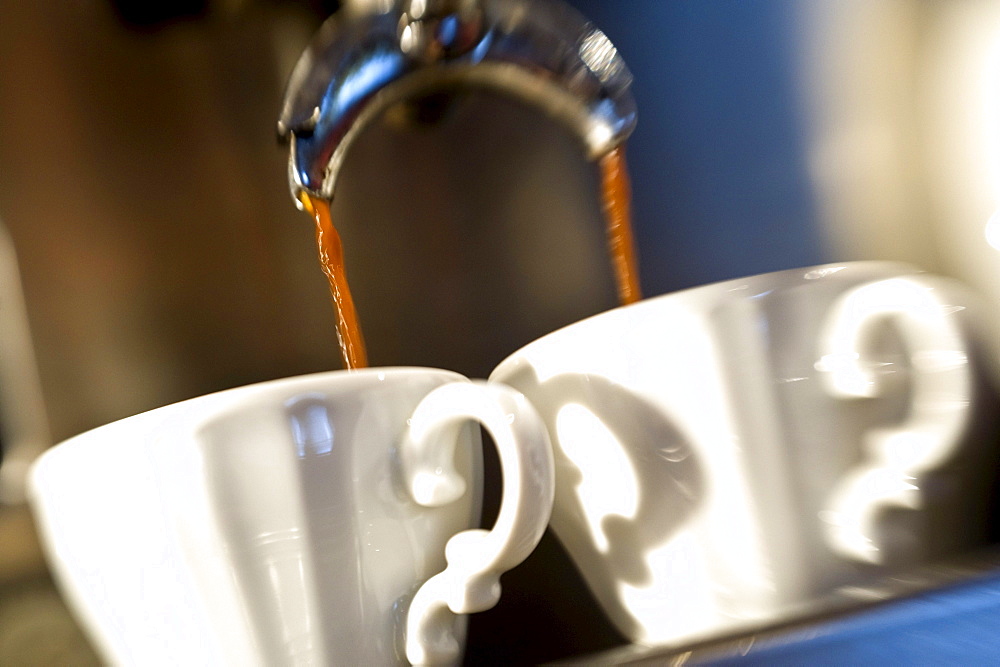 Close up of two coffee cups, Alto Adige, South Tyrol, Italy, Europe