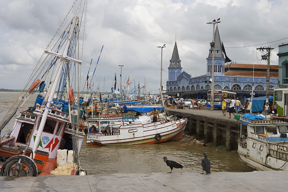 Fishing Boats and vultures in the harbour outside Mercado Ver O Peso Market, Belem, Para, Brazil, South America