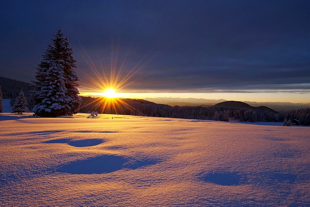 Winter scenery at sunset, Nature park Schlern, South Tyrol, Alto Adige, Italy, Europe