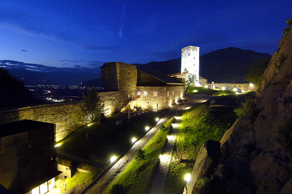 Illuminated castle in the evening, Sigmundskron castle, Bolzano province, South Tyrol, Alto Adige, Italy, Europe