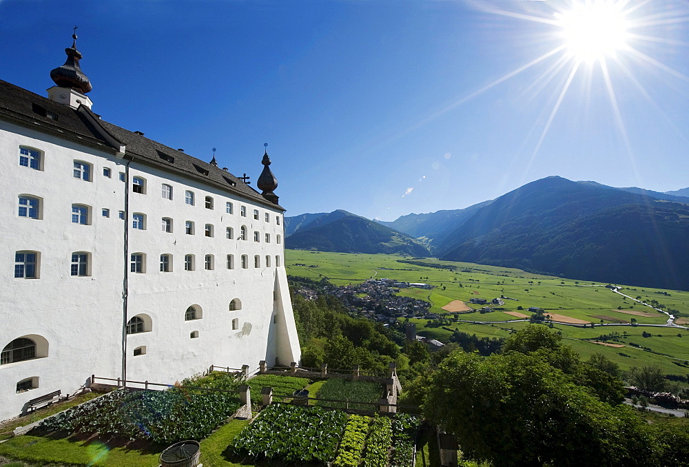 Marienberg monastery in the sunlight, Vinschgau, South Tyrol, Alto Adige, Italy, Europe