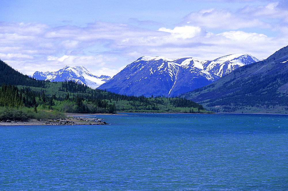 Bennett Lake in front of snow covered mountains, Carcross, Yukon Territory, Canada, America