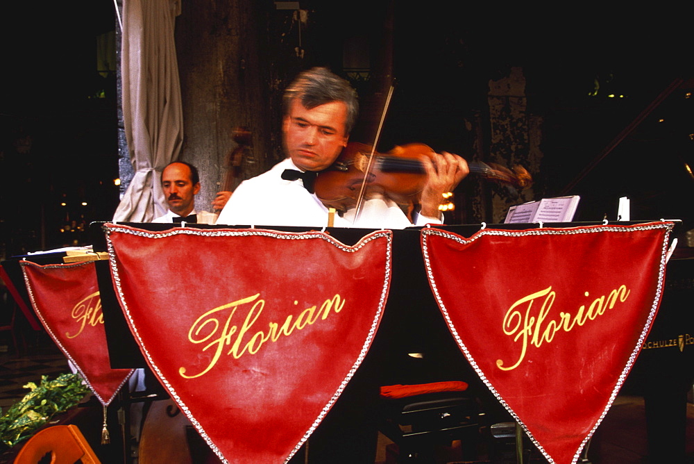 Musicians playing at cafe Florian, Venice, Veneto, Italy, Europe