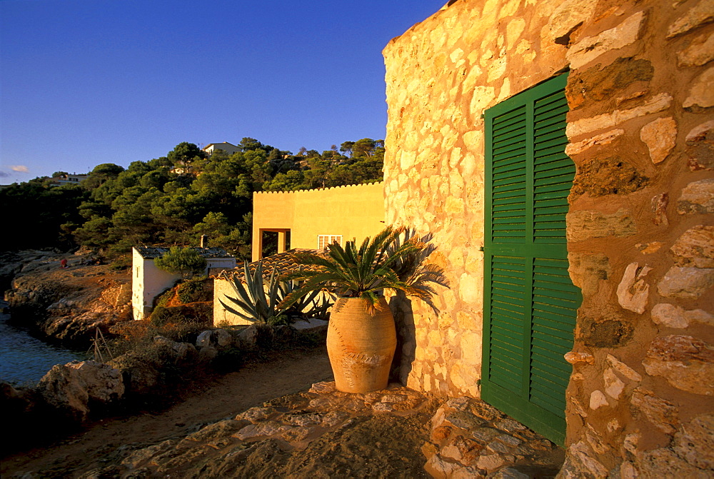 Finca under a blue sky, Cala s'Amonia, Majorca, Spain