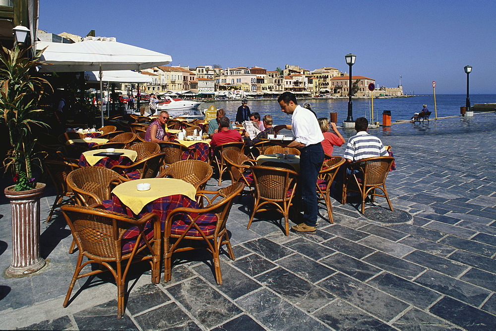 People at a cafe at the harbour of Chania, Crete, Greece, Europe