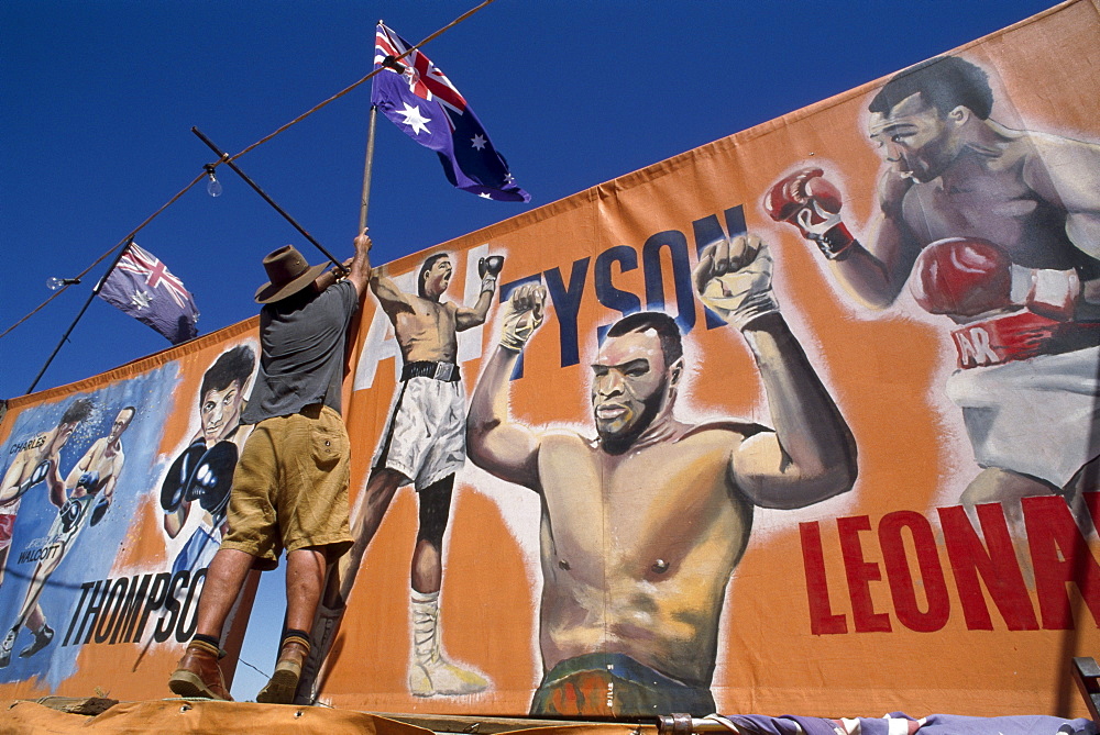 Fred sets up facade of boxing tent, Fred Brophy's Boxing Troupe, Australia