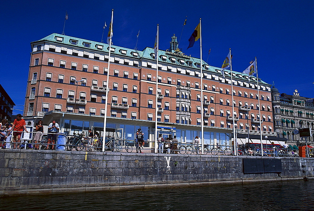 View at the facade of the Grand Hotel at the avnue Strandvaegen, Stockholm, Sweden, Europe