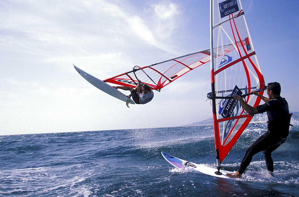 Two windsurfers, Pata Negra Surf Center, Tarifa, Costa de la Luz, Andalusia, Spain