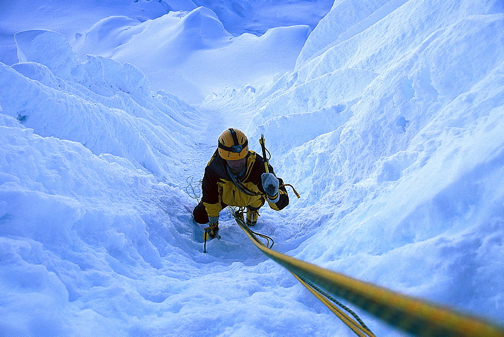 Climber in ice channel, Alpamayo 5.947m, Cordillera Blanca, Peru