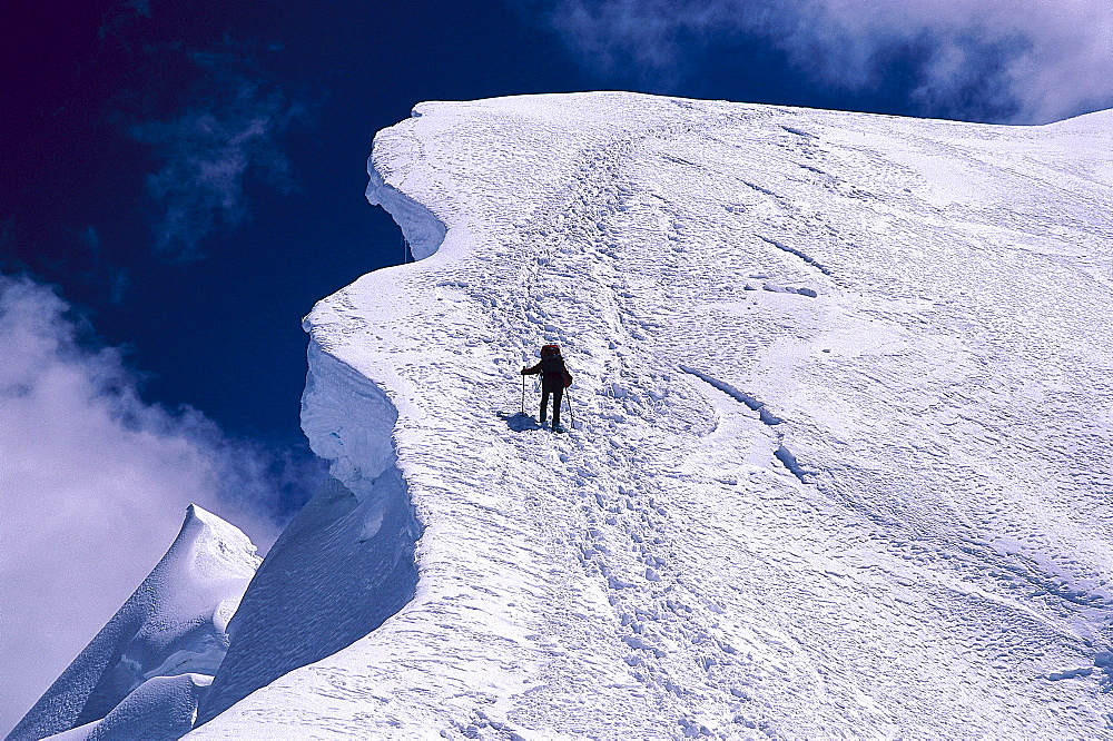 Person ascending mountain, Vallunaraju, 5.686m, Mountaineering, Cordillera Blanca, Peru, South America