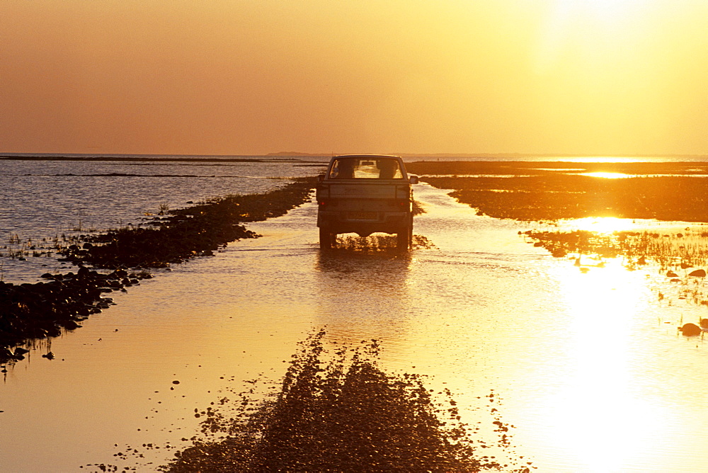 Crossing Mando Dam at Sunset, Wadden Sea at Low Tide, Near Mando, Denmark