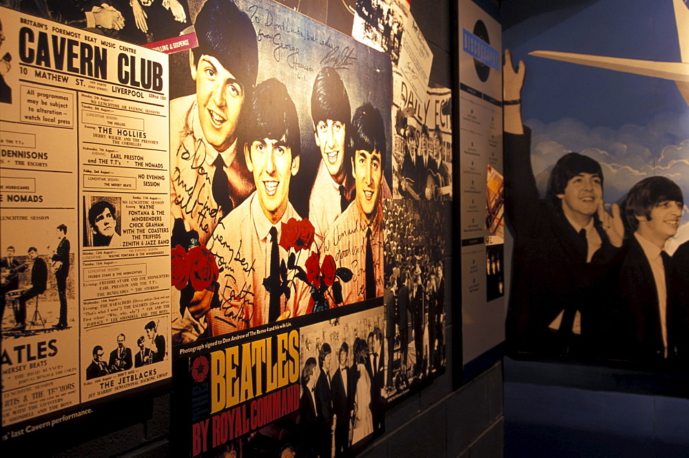 Posters and bills inside the Beatles Museum, Liverpool, England, Great Britain, Europe