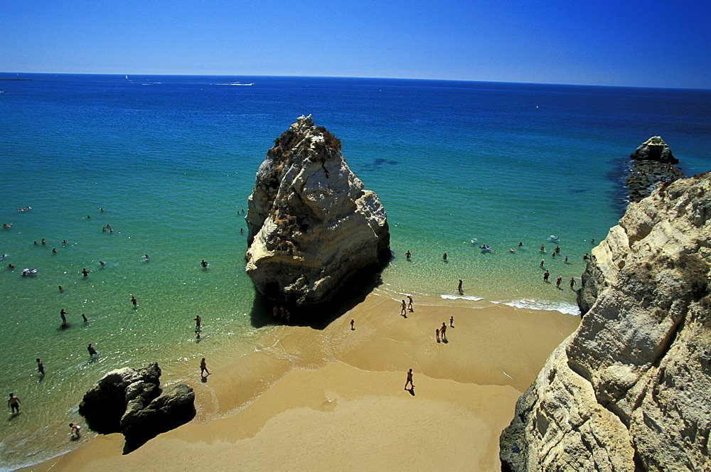 High angle view of sandy beach and rocks, Praia da Rocha, Algarve, Portugal, Europe