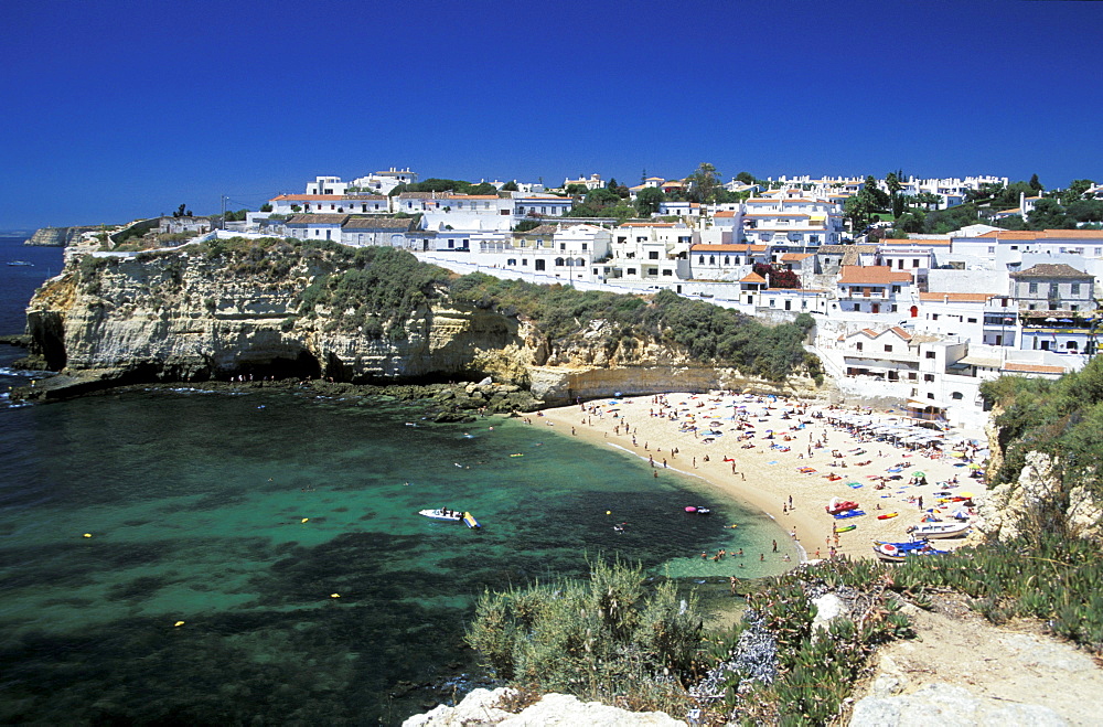 Beach in a bay in the sunlight, Carvoeiro, Algarve, Portugal, Europe