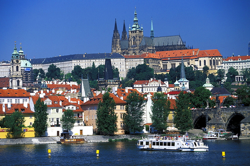 View of Charles Bridge, Vltava river and Hradcany district, Prague, Czechia, Europe