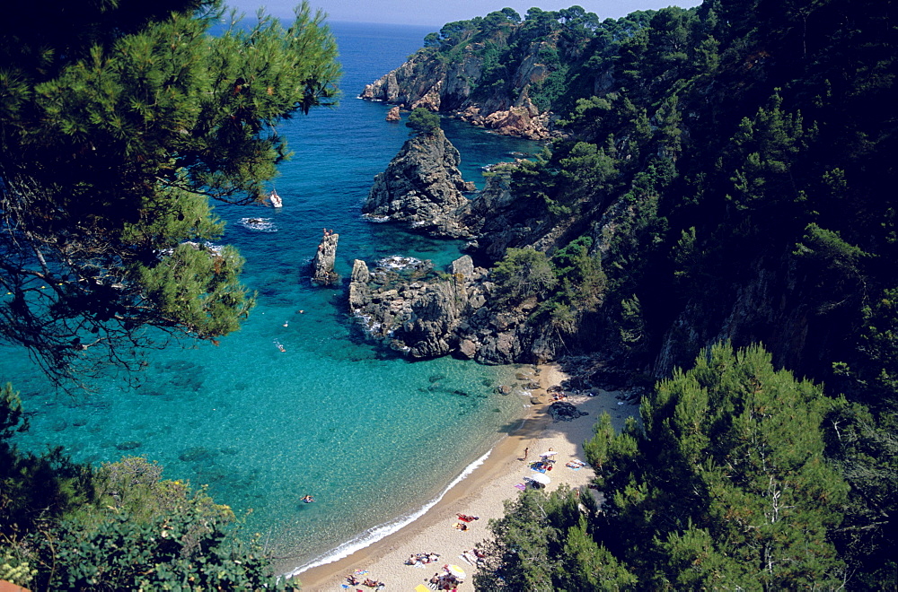 Coastal landscape and beach at Platja del Golfet, Calella de Palafrugell, Costa Brava, Catalonia, Spain