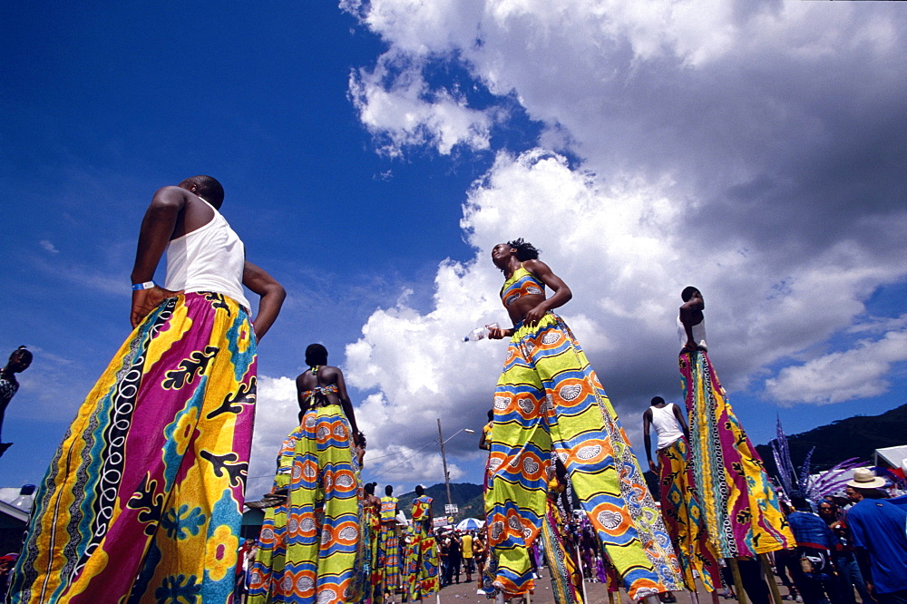 Moko Jumbies on stilts at the carnival parade, Port of Spain, Trinidad und Tobago, Caribbean